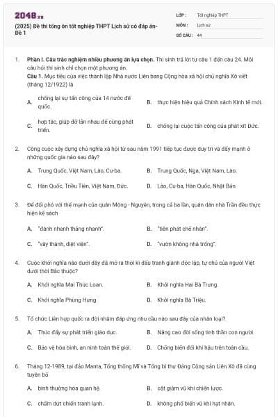 (2025) Đề thi tổng ôn tốt nghiệp THPT Lịch sử có đáp án- Đề 1