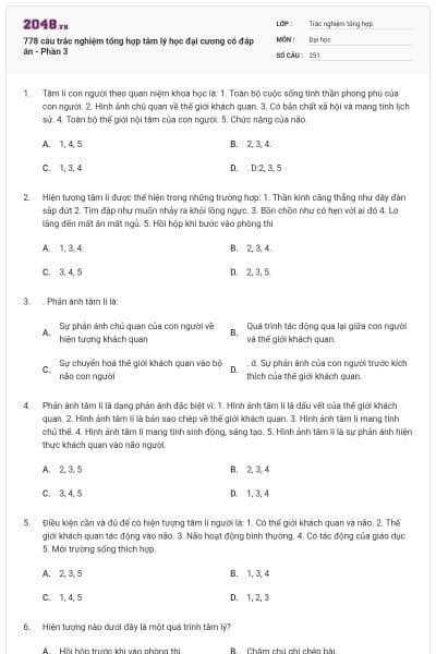 778 câu trắc nghiệm tổng hợp tâm lý học đại cương có đáp án - Phần 3