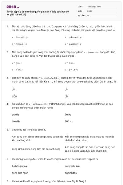 Tuyển tập đề thi thử thpt quốc gia môn Vật lý cực hay có lời giải (Đề số 24)