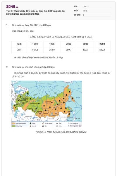 Tiết 3: Thực hành: Tìm hiểu sự thay đổi GDP và phân bố nông nghiệp của Liên bang Nga