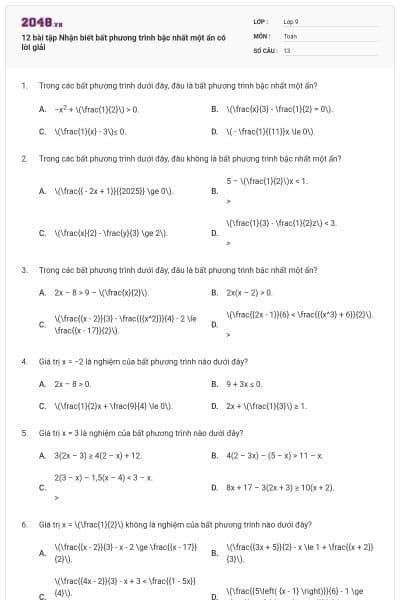 12 bài tập Nhận biết bất phương trình bậc nhất một ẩn có lời giải