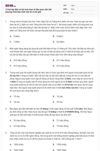 12 bài tập Một số bài toán thực tế liên quan đến bất phương trình bậc nhất một ẩn có lời giải