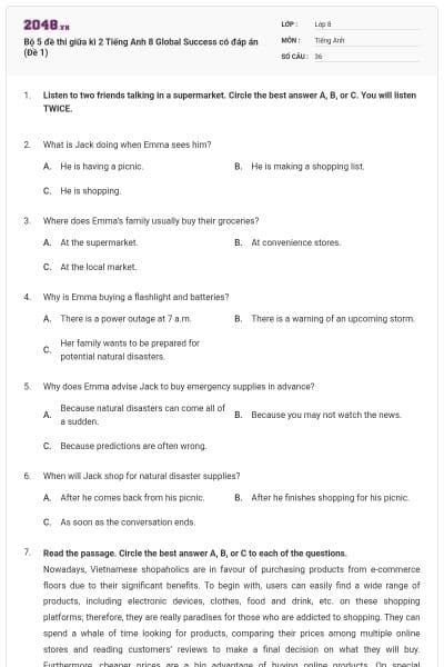 Bộ 5 đề thi giữa kì 2 Tiếng Anh 8 Global Success có đáp án (Đề 1)