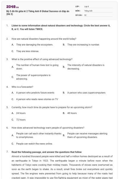 Bộ 5 đề thi giữa kì 2 Tiếng Anh 8 Global Success có đáp án (Đề 3)