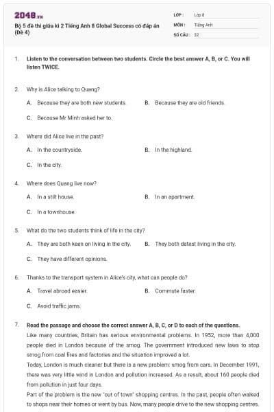 Bộ 5 đề thi giữa kì 2 Tiếng Anh 8 Global Success có đáp án (Đề 4)