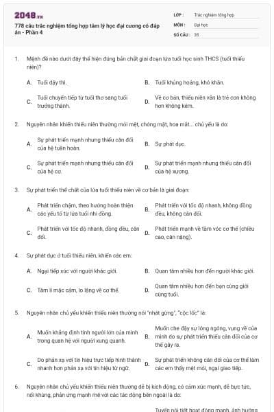 778 câu trắc nghiệm tổng hợp tâm lý học đại cương có đáp án - Phần 4