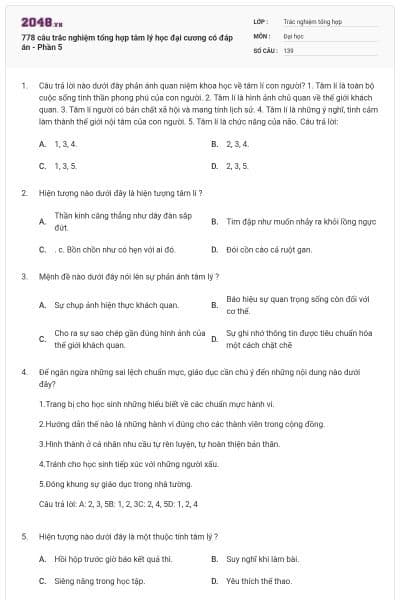 778 câu trắc nghiệm tổng hợp tâm lý học đại cương có đáp án - Phần 5
