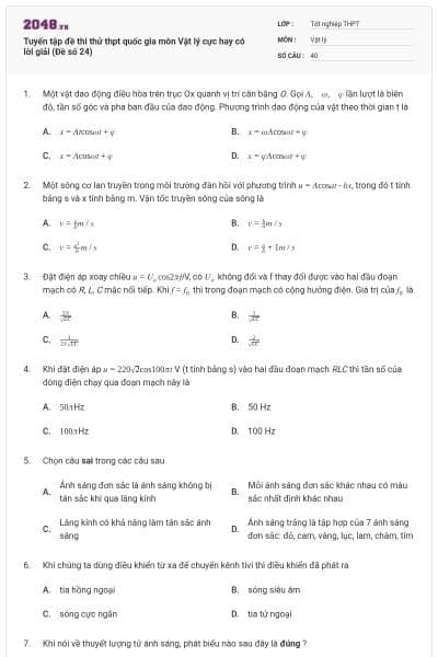 Tuyển tập đề thi thử thpt quốc gia môn Vật lý cực hay có lời giải (Đề số 24)