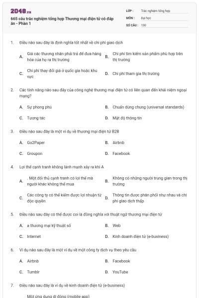 665 câu trắc nghiệm tổng hợp Thương mại điện tử có đáp án - Phần 1