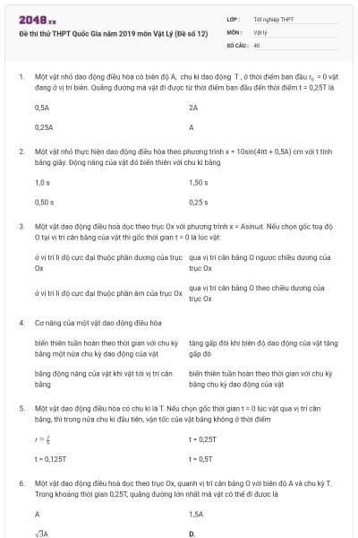 Đề thi thử THPT Quốc Gia năm 2019 môn Vật Lý (Đề số 12)