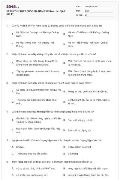 ĐỀ THI THỬ THPT QUỐC GIA NĂM 2019 Môn thi: ĐỊA LÍ (Đề 11)