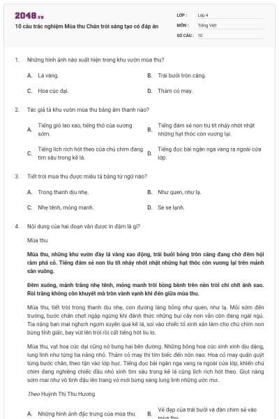 10 câu trắc nghiệm Mùa thu Chân trời sáng tạo có đáp án