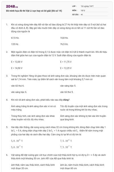 Đề minh họa đề thi Vật Lí cực hay có lời giải (Đề số 14)
