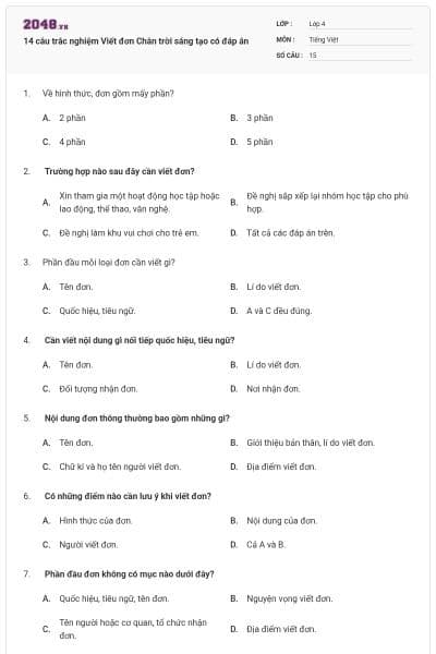 14 câu trắc nghiệm Viết đơn Chân trời sáng tạo có đáp án