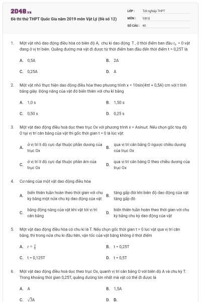 Đề thi thử THPT Quốc Gia năm 2019 môn Vật Lý (Đề số 12)