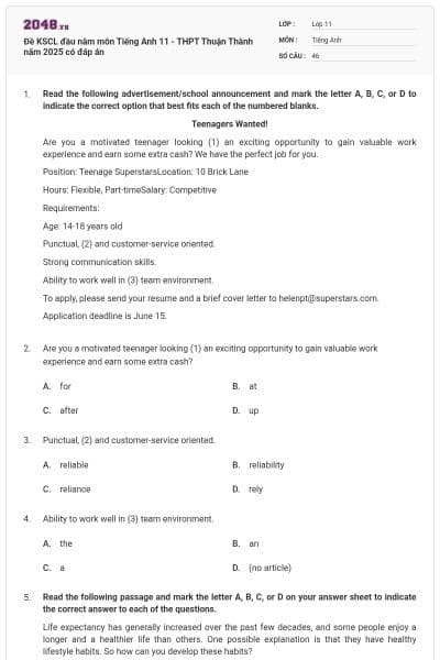 Đề KSCL đầu năm môn Tiếng Anh 11 - THPT Thuận Thành năm 2025 có đáp án