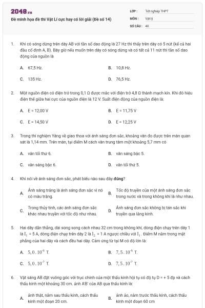 Đề minh họa đề thi Vật Lí cực hay có lời giải (Đề số 14)