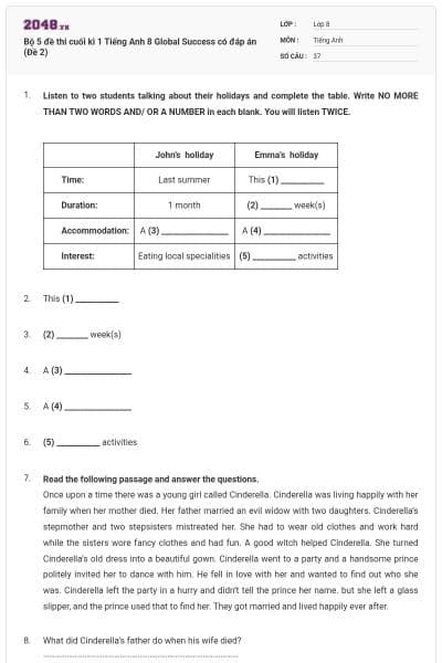 Bộ 5 đề thi cuối kì 1 Tiếng Anh 8 Global Success có đáp án (Đề 2)