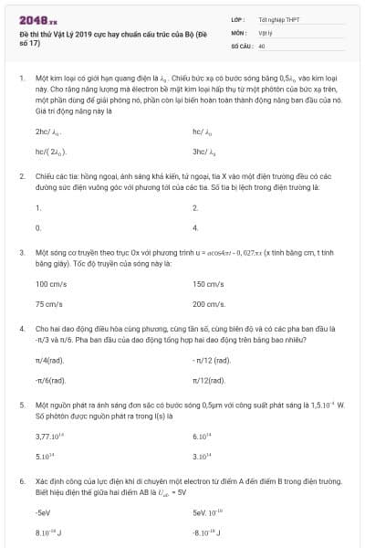 Đề thi thử Vật Lý 2019 cực hay chuẩn cấu trúc của Bộ (Đề số 17)