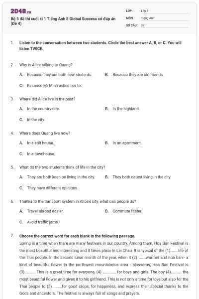 Bộ 5 đề thi cuối kì 1 Tiếng Anh 8 Global Success có đáp án (Đề 4)