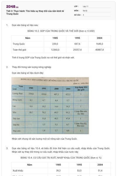 Tiết 3: Thực hành: Tìm hiểu sự thay đổi của nền kinh tế Trung Quốc