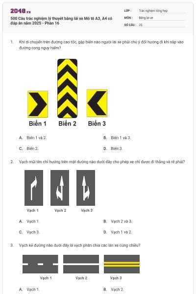500 Câu trắc nghiệm lý thuyết bằng lái xe Mô tô A3, A4 có đáp án năm 2025 - Phần 16