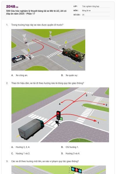 500 Câu trắc nghiệm lý thuyết bằng lái xe Mô tô A3, A4 có đáp án năm 2025 - Phần 17