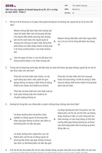 580 Câu trắc nghiệm lý thuyết bằng lái xe B1, B11 có đáp án năm 2025 - Phần 5