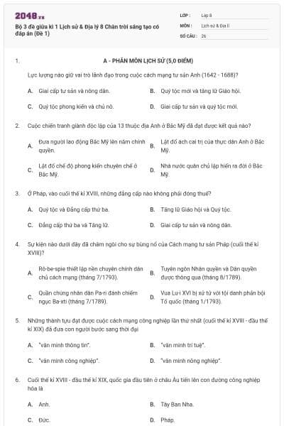 Bộ 3 đề giữa kì 1 Lịch sử & Địa lý 8 Chân trời sáng tạo có đáp án (Đề 1)