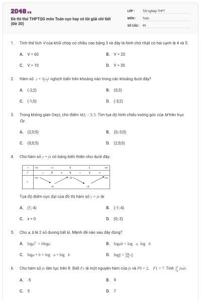 Đề thi thử THPTQG môn Toán cực hay có lời giải chi tiết (Đề 30)