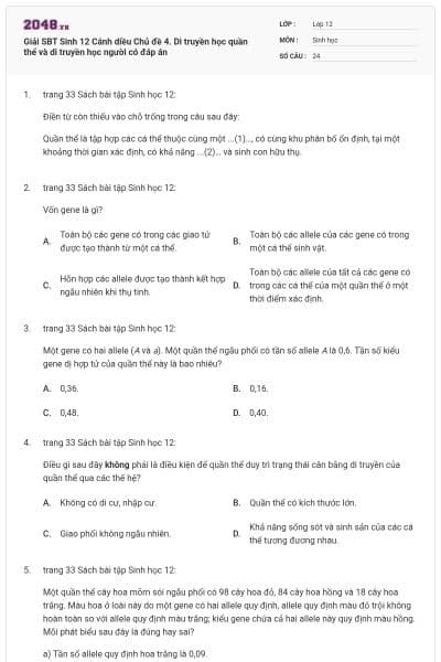Giải SBT Sinh 12 Cánh diều Chủ đề 4. Di truyền học quần thể và di truyền học người có đáp án
