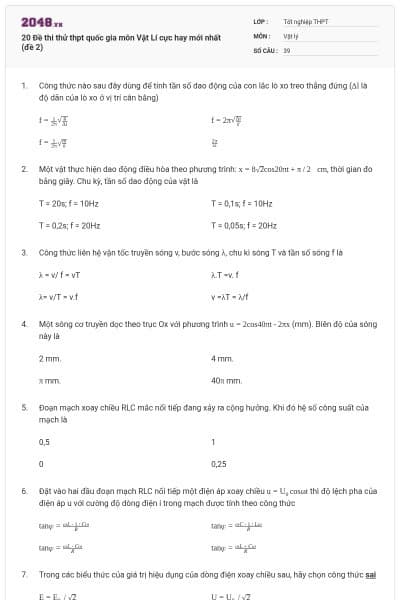 20 Đề thi thử thpt quốc gia môn Vật Lí cực hay mới nhất (đề 2)