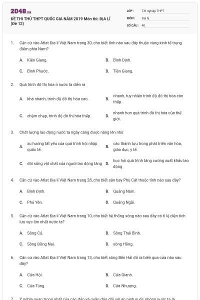 ĐỀ THI THỬ THPT QUỐC GIA NĂM 2019 Môn thi: ĐỊA LÍ (Đề 12)