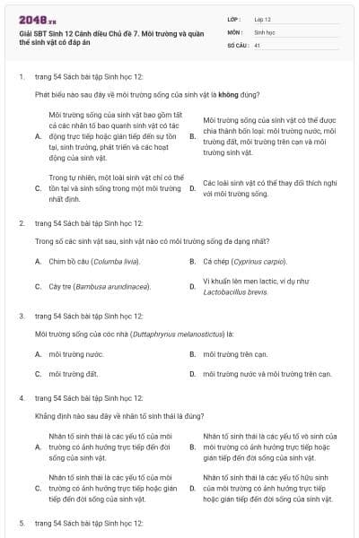 Giải SBT Sinh 12 Cánh diều Chủ đề 7. Môi trường và quần thể sinh vật có đáp án
