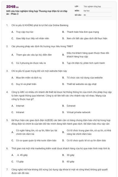 665 câu trắc nghiệm tổng hợp Thương mại điện tử có đáp án - Phần 3