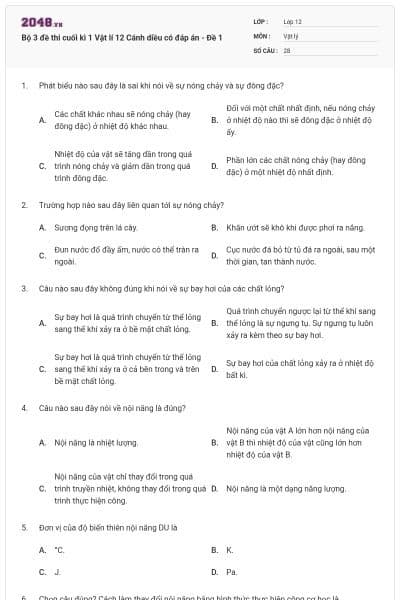 Bộ 3 đề thi cuối kì 1 Vật lí 12 Cánh diều có đáp án - Đề 1