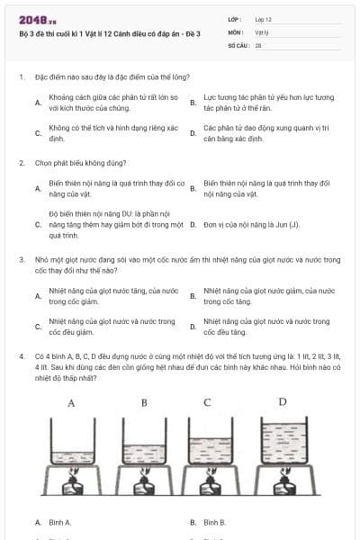 Bộ 3 đề thi cuối kì 1 Vật lí 12 Cánh diều có đáp án - Đề 3