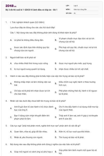 Bộ 3 đề thi cuối kì 1 GDCD 8 Cánh diều có đáp án - Đề 1
