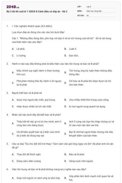 Bộ 3 đề thi cuối kì 1 GDCD 8 Cánh diều có đáp án - Đề 2