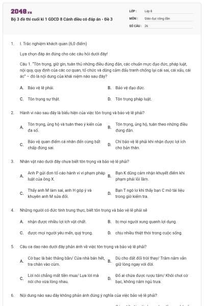 Bộ 3 đề thi cuối kì 1 GDCD 8 Cánh diều có đáp án - Đề 3