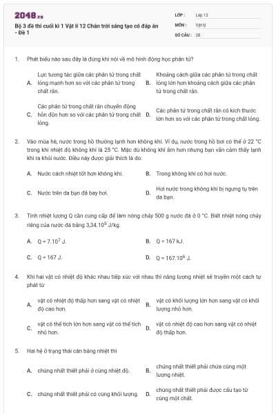 Bộ 3 đề thi cuối kì 1 Vật lí 12 Chân trời sáng tạo có đáp án - Đề 1
