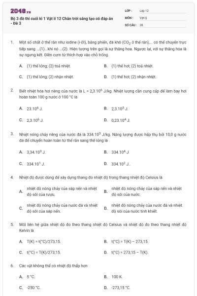 Bộ 3 đề thi cuối kì 1 Vật lí 12 Chân trời sáng tạo có đáp án - Đề 3