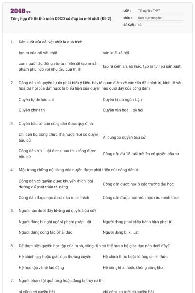 Tổng hợp đề thi thử môn GDCD có đáp án mới nhất (Đề 2)