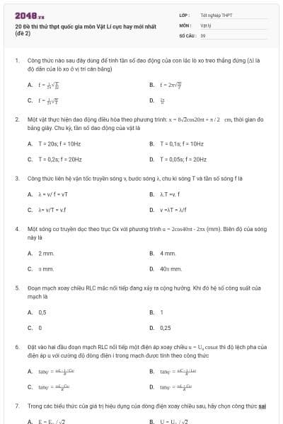 20 Đề thi thử thpt quốc gia môn Vật Lí cực hay mới nhất (đề 2)