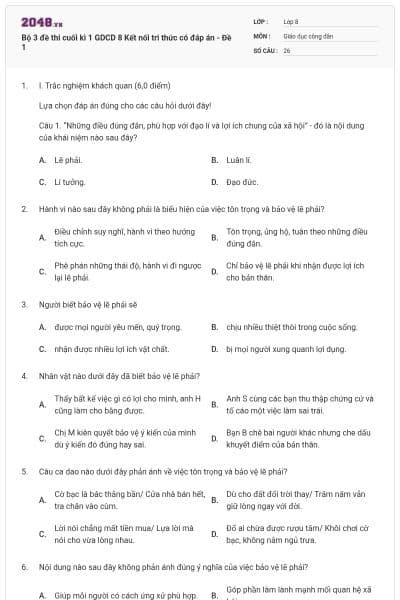 Bộ 3 đề thi cuối kì 1 GDCD 8 Kết nối tri thức có đáp án - Đề 1