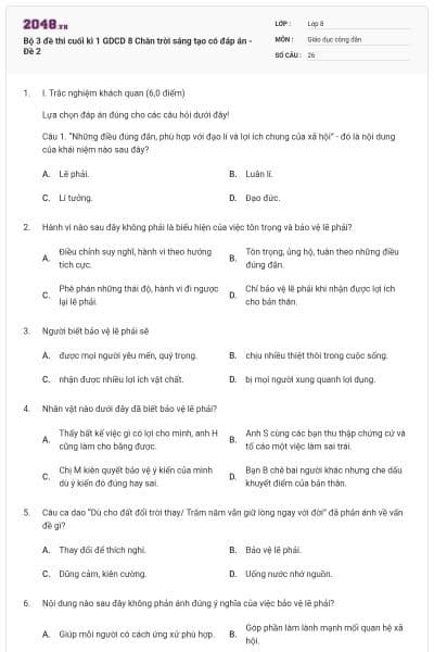 Bộ 3 đề thi cuối kì 1 GDCD 8 Chân trời sáng tạo có đáp án - Đề 2