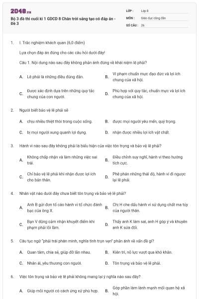 Bộ 3 đề thi cuối kì 1 GDCD 8 Chân trời sáng tạo có đáp án - Đề 3