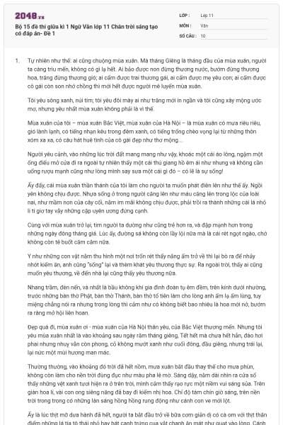 Bộ 15 đề thi giữa kì 1 Ngữ Văn lớp 11 Chân trời sáng tạo có đáp án- Đề 1