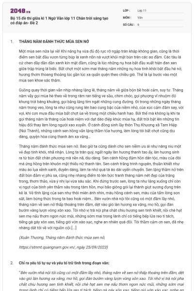 Bộ 15 đề thi giữa kì 1 Ngữ Văn lớp 11 Chân trời sáng tạo có đáp án- Đề 2