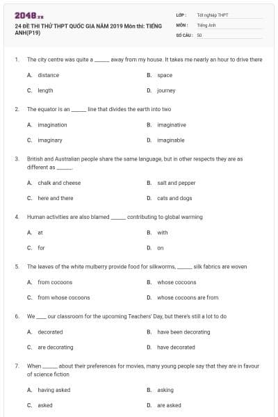 24 ĐỀ THI THỬ THPT QUỐC GIA NĂM 2019 Môn thi: TIẾNG ANH(P19)